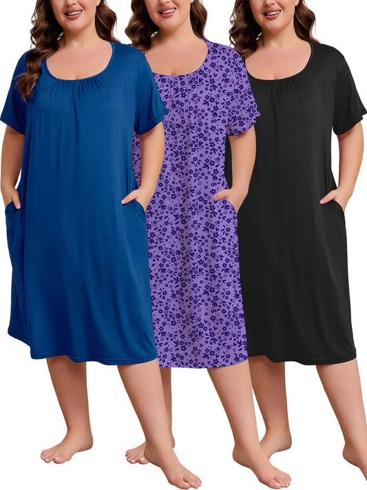 FEREMO Nightgowns for Women Plus Size Pleated Sleepwear with Pockets 3 Pack
