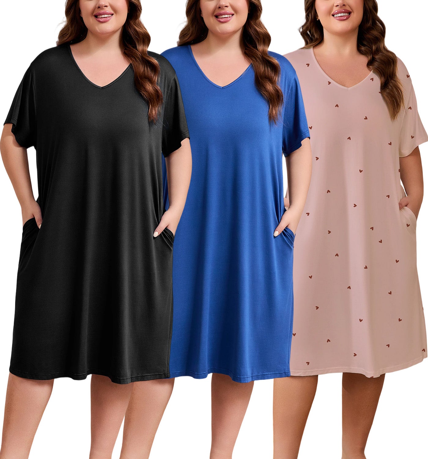 FEREMO Womens Plus Size Nightgowns V Neck Short Sleeve Sleepwear Printed Night Dress with Pockets, 3 Pack