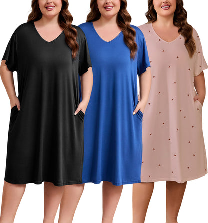 FEREMO Womens Plus Size Nightgowns V Neck Short Sleeve Sleepwear Printed Night Dress with Pockets, 3 Pack