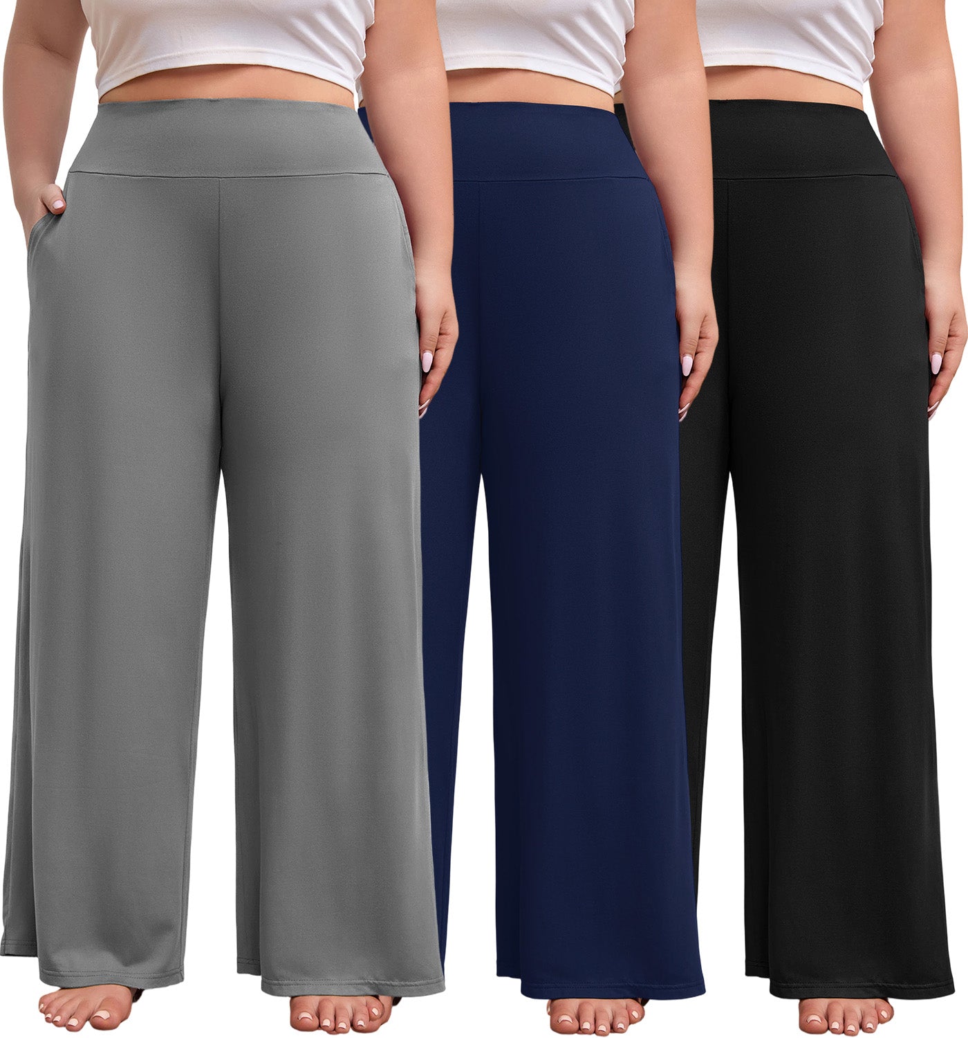 FEREMO Women's Plus Size Wide Leg Pajama Pants High Waist Lounge Pants with Side Pockets 3 Pack, Sizes 1-5X