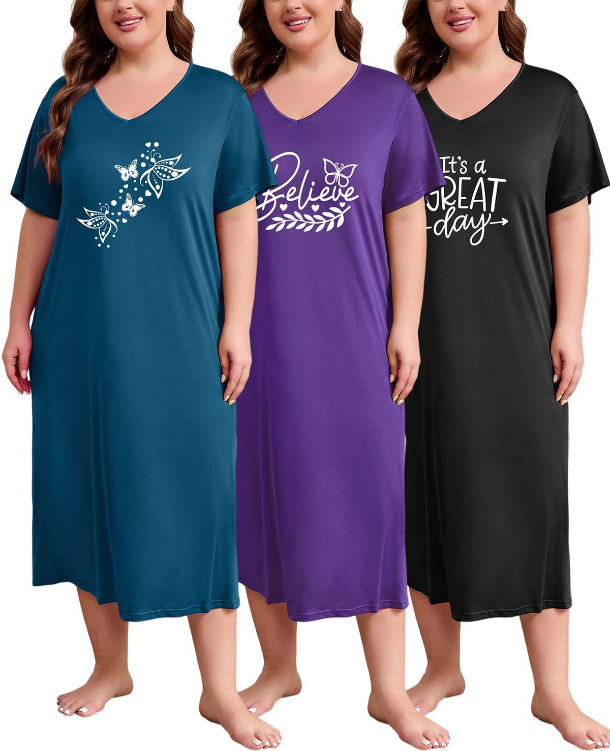 3 Pack Nightgowns for Women Plus Size V Neck Sleepwear Loose Comfy Night Gown