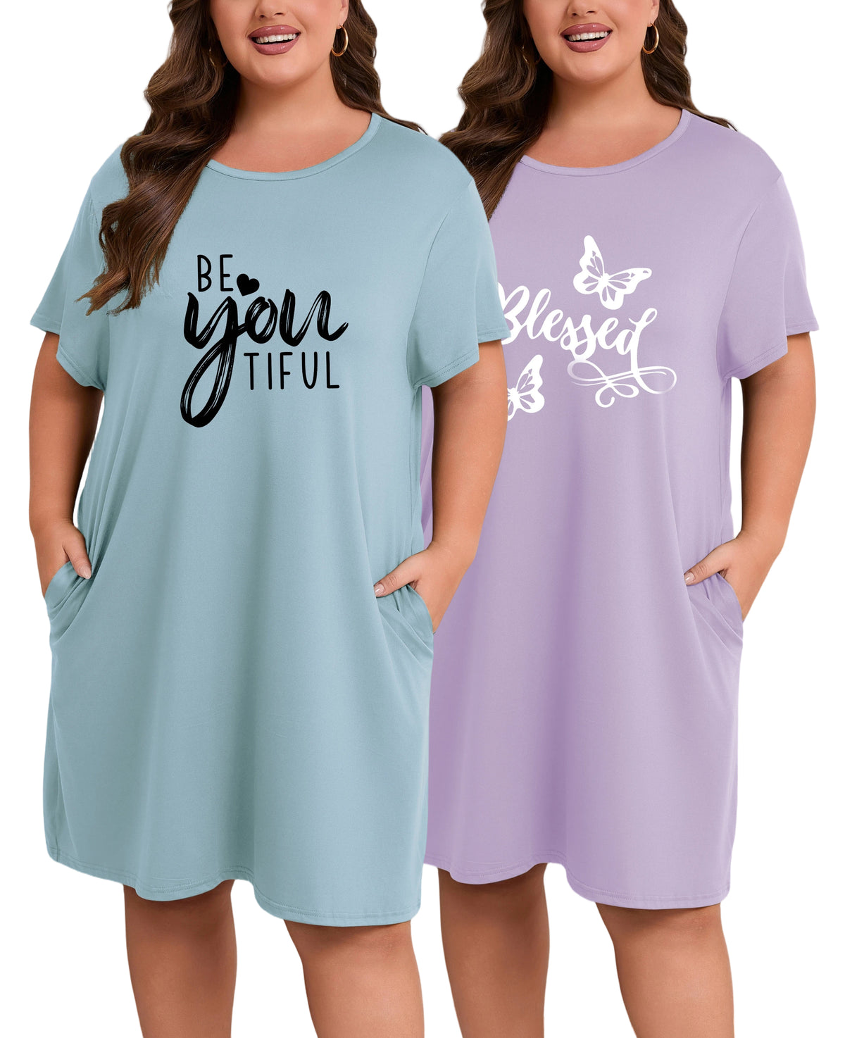 Plus Size Nightgowns for Women Short Sleeve Knee Length Sleepwear with Pockets