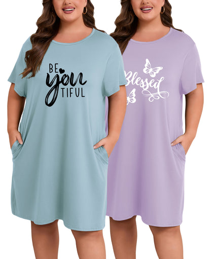 Plus Size Nightgowns for Women Short Sleeve Knee Length Sleepwear with Pockets