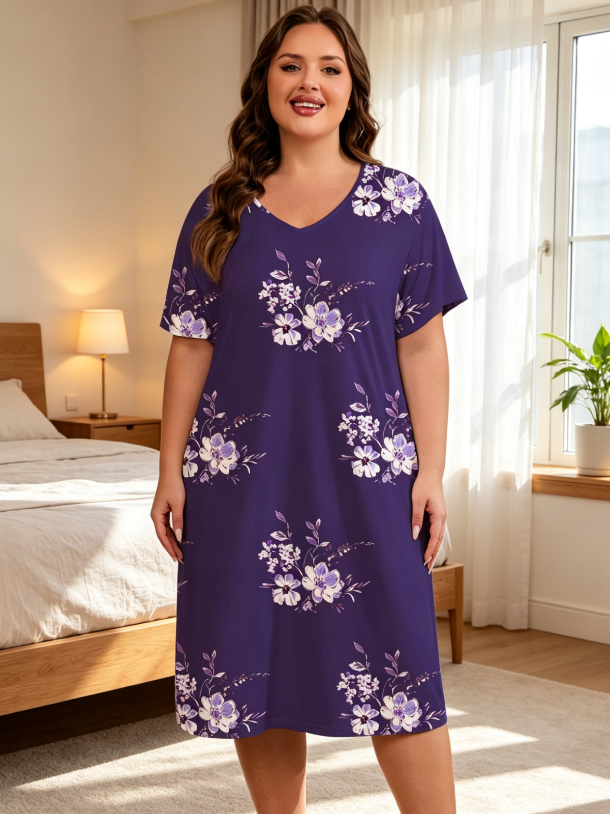 FEREMO Womens Plus Size Nightgowns V Neck Short Sleeve Sleepwear Printed Night Dress with Pockets, 3 Pack