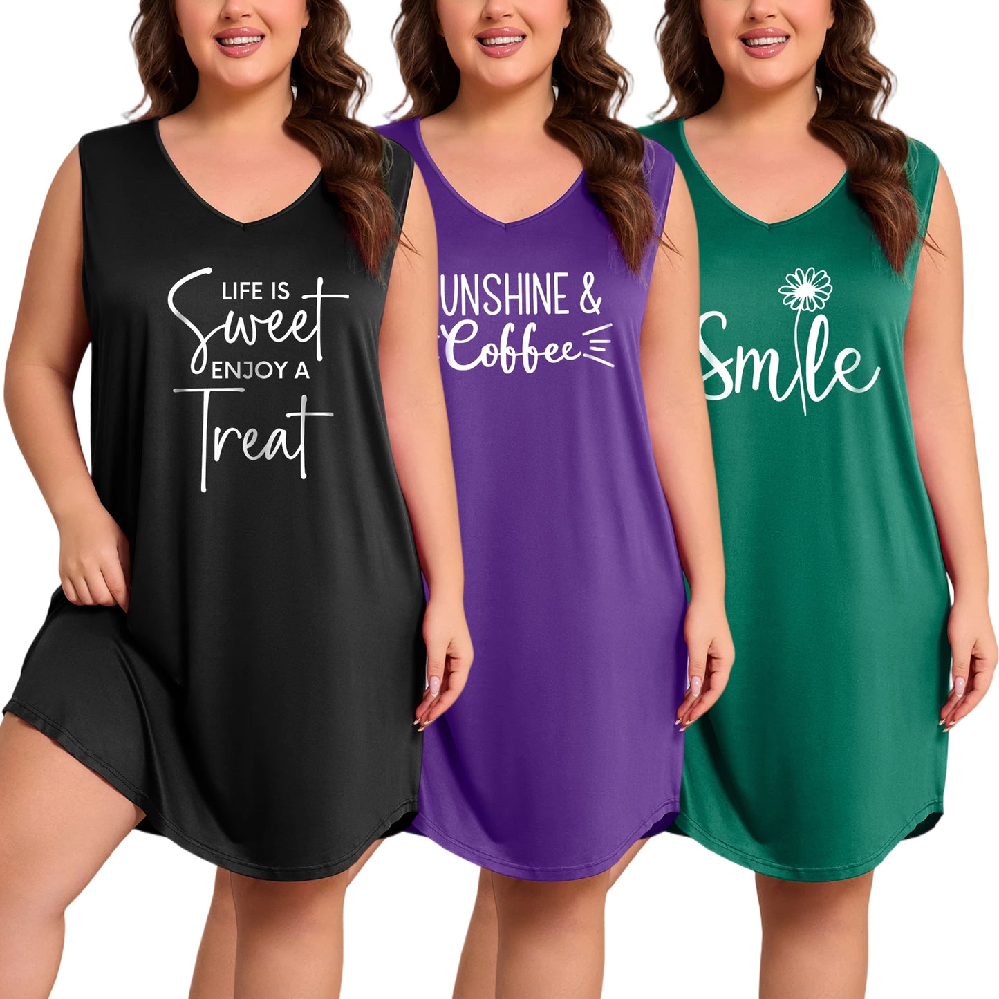 3 Pack Nightgowns for Women Plus Size Sleeveless Print Nightshirts Crew Neck Sleepshirt Soft Sleepwear 1X-5X