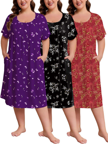 FEREMO Nightgowns for Women Plus Size Pleated Sleepwear with Pockets 3 Pack