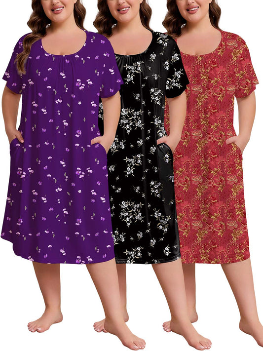 FEREMO Nightgowns for Women Plus Size Pleated Sleepwear with Pockets 3 Pack