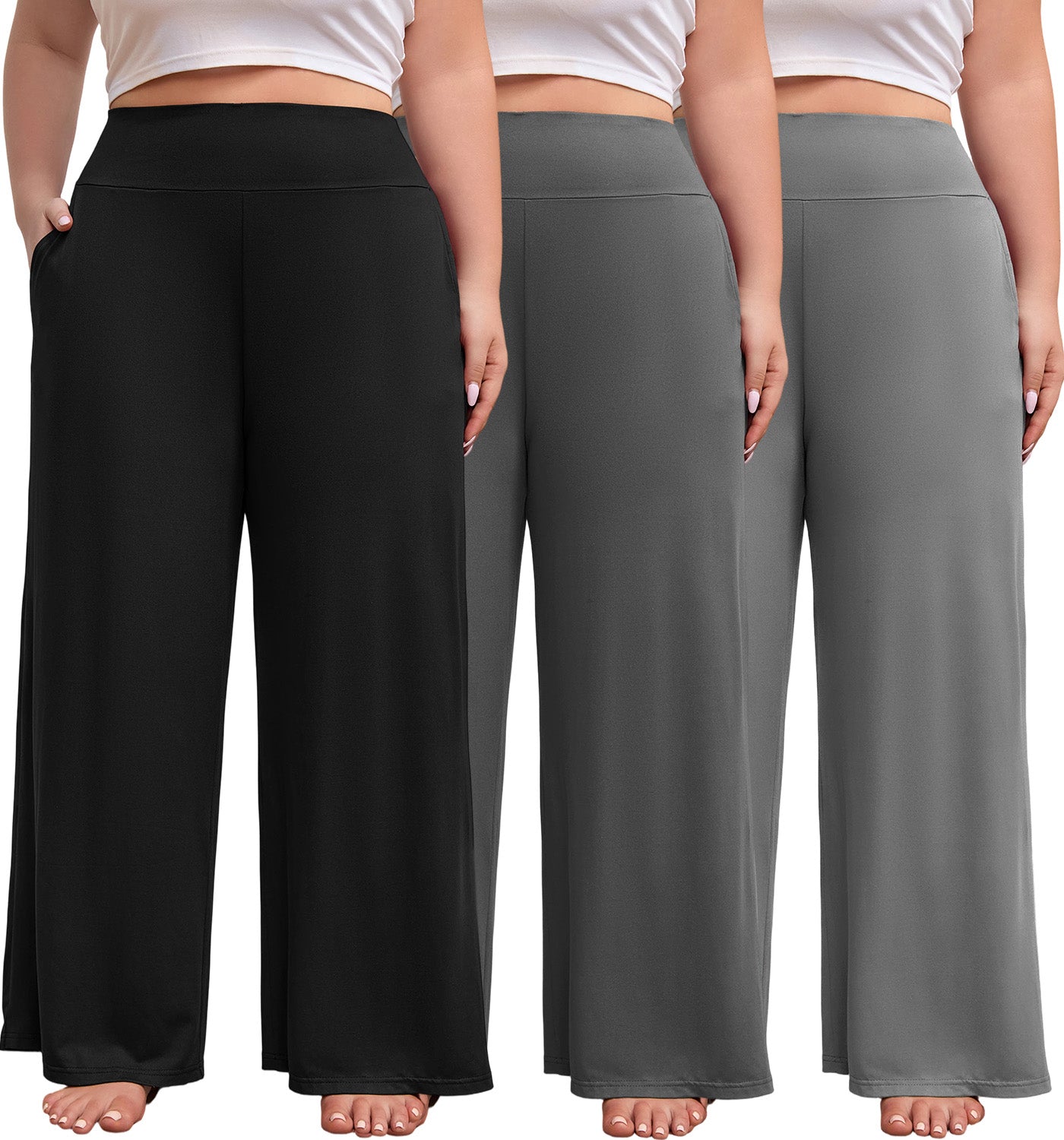 FEREMO Women's Plus Size Wide Leg Pajama Pants High Waist Lounge Pants with Side Pockets 3 Pack, Sizes 1-5X
