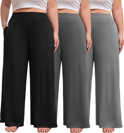 FEREMO Women's Plus Size Wide Leg Pajama Pants High Waist Lounge Pants with Side Pockets 3 Pack, Sizes 1-5X