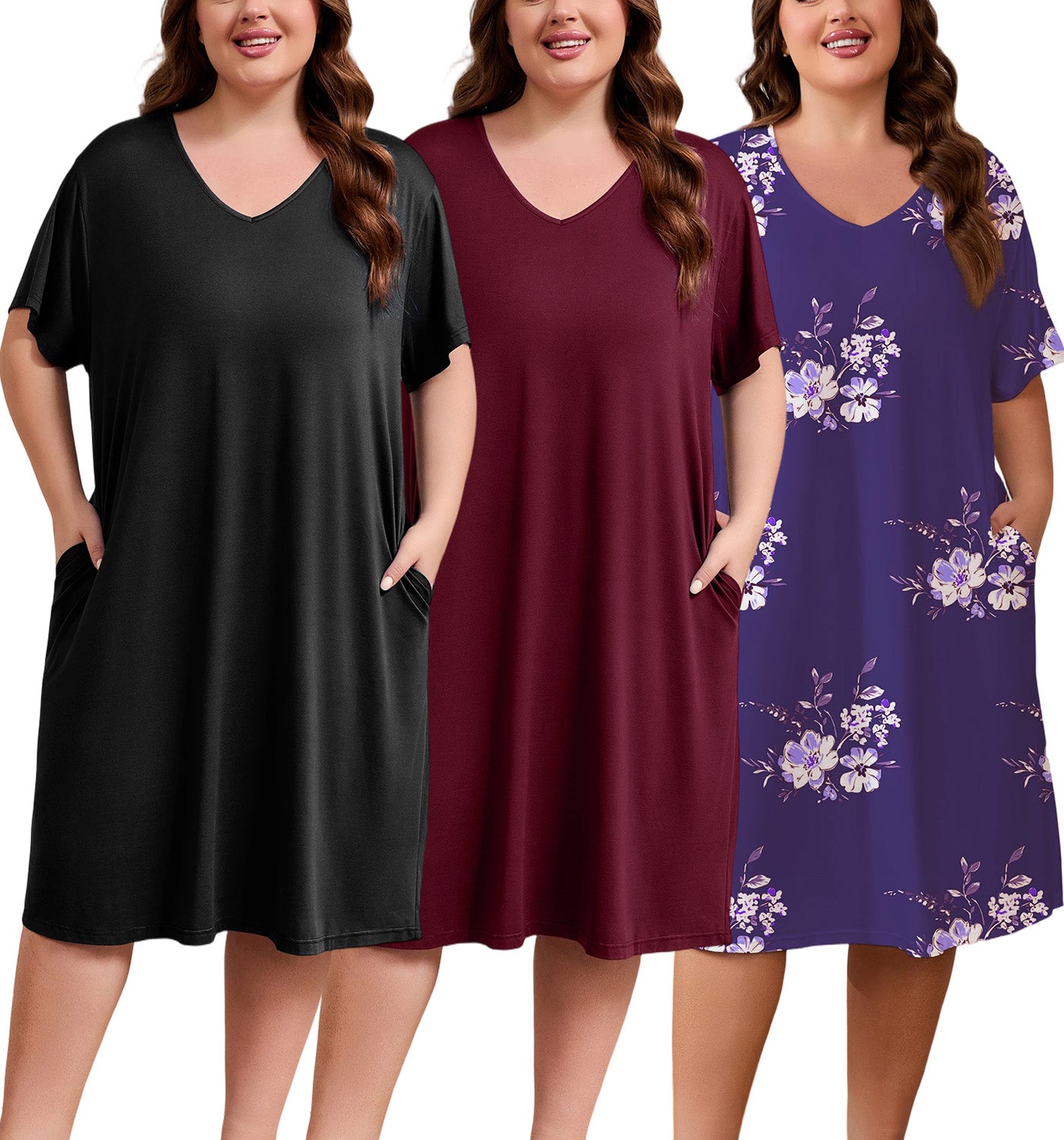 FEREMO Womens Plus Size Nightgowns V Neck Short Sleeve Sleepwear Printed Night Dress with Pockets, 3 Pack