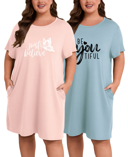 Plus Size Nightgowns for Women Short Sleeve Knee Length Sleepwear with Pockets
