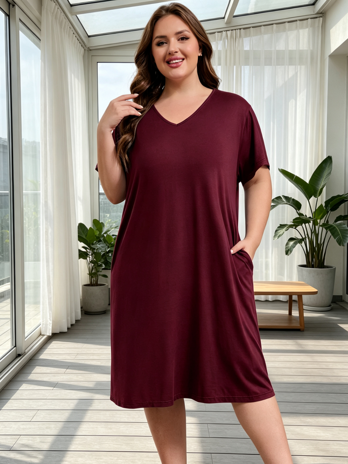 FEREMO Womens Plus Size Nightgowns V Neck Short Sleeve Sleepwear Printed Night Dress with Pockets, 3 Pack