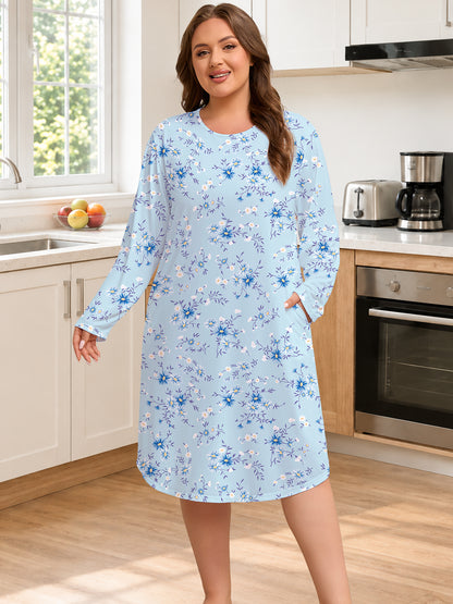 FEREMO Women Plus Size Nightgowns Long Sleeve Crew Neck Sleep Shirts with Pockets, 3 Pack