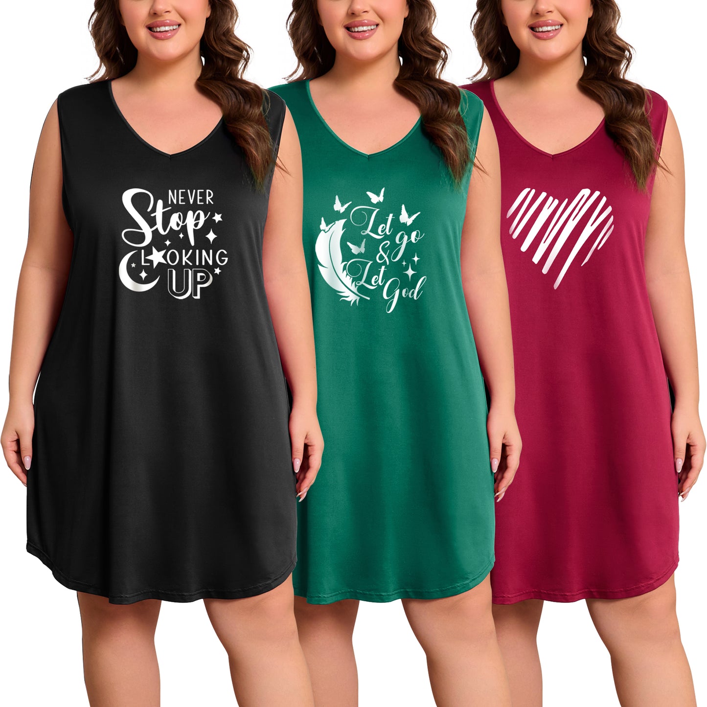 3 Pack Nightgowns for Women Plus Size Sleeveless Print Nightshirts Crew Neck Sleepshirt Soft Sleepwear 1X-5X