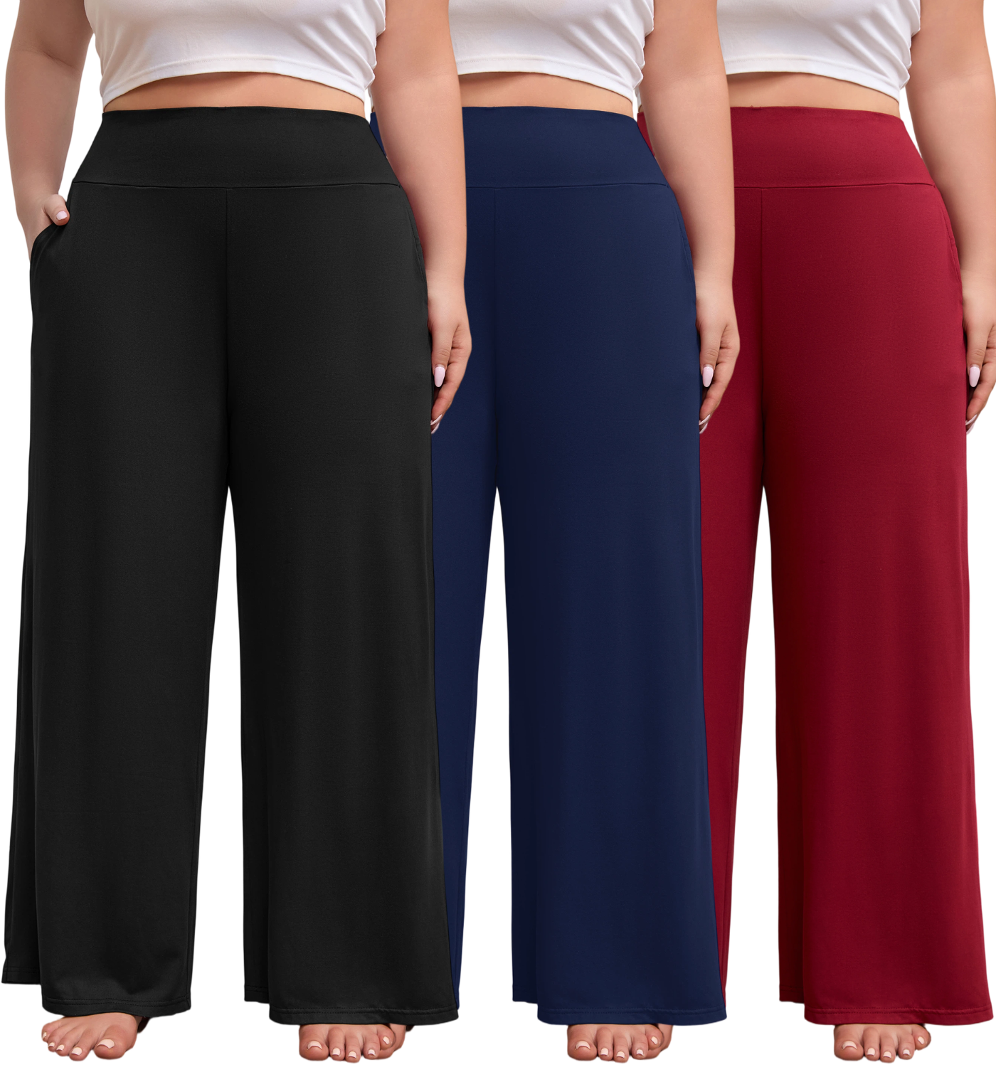 FEREMO Women's Plus Size Wide Leg Pajama Pants High Waist Lounge Pants with Side Pockets 3 Pack, Sizes 1-5X