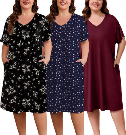 FEREMO Womens Plus Size Nightgowns V Neck Short Sleeve Sleepwear Printed Night Dress with Pockets, 3 Pack