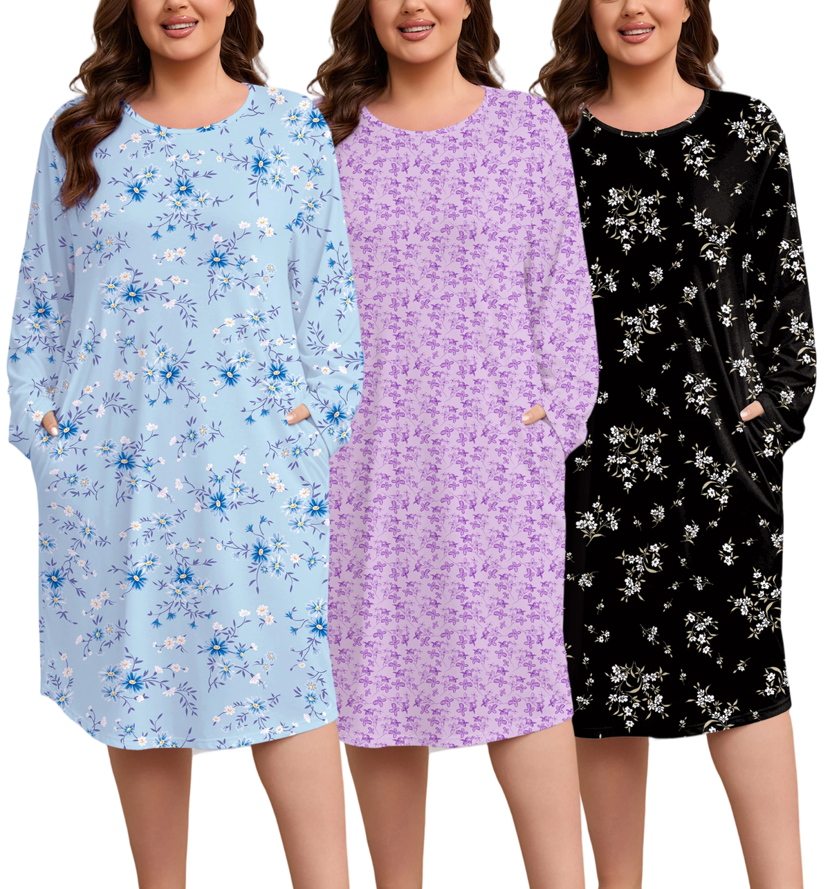 FEREMO Women Plus Size Nightgowns Long Sleeve Crew Neck Sleep Shirts with Pockets, 3 Pack
