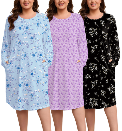 FEREMO Women Plus Size Nightgowns Long Sleeve Crew Neck Sleep Shirts with Pockets, 3 Pack