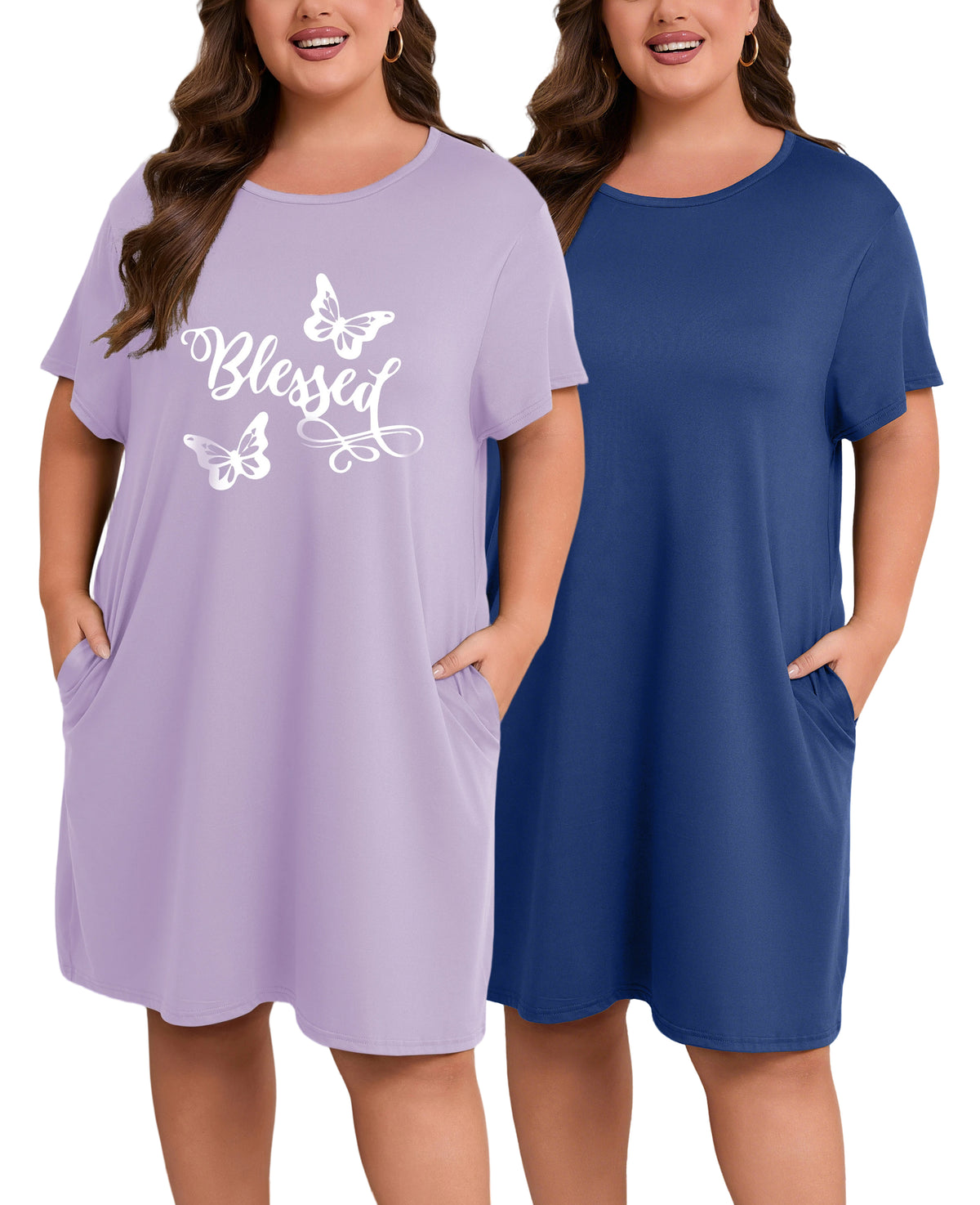 Plus Size Nightgowns for Women Short Sleeve Knee Length Sleepwear with Pockets