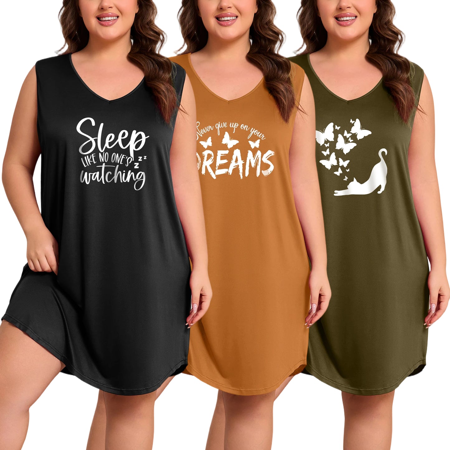 3 Pack Nightgowns for Women Plus Size Sleeveless Print Nightshirts Crew Neck Sleepshirt Soft Sleepwear 1X-5X