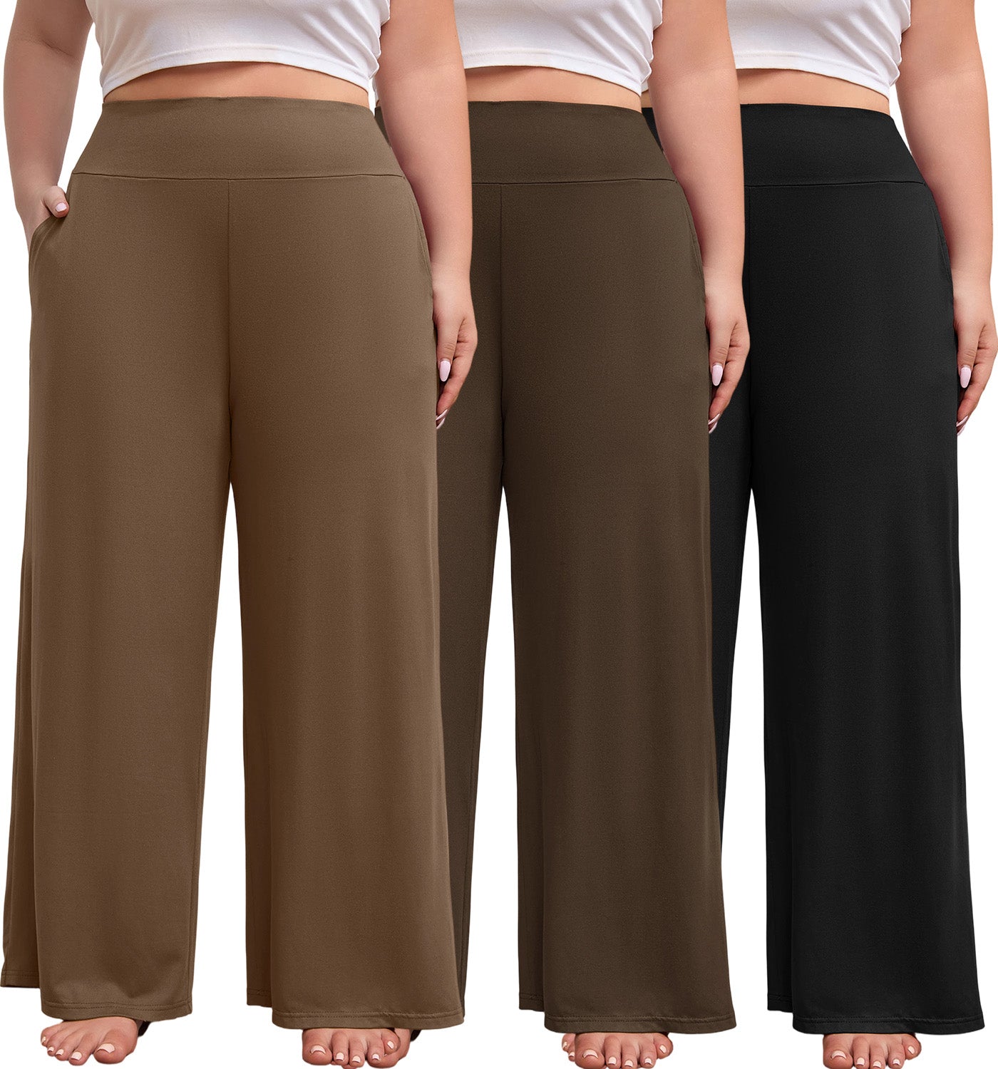 FEREMO Women's Plus Size Wide Leg Pajama Pants High Waist Lounge Pants with Side Pockets 3 Pack, Sizes 1-5X
