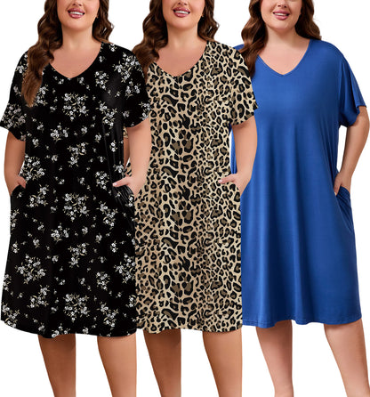 FEREMO Womens Plus Size Nightgowns V Neck Short Sleeve Sleepwear Printed Night Dress with Pockets, 3 Pack