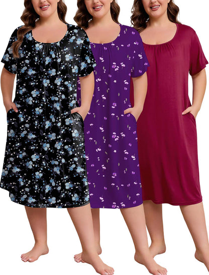 FEREMO Nightgowns for Women Plus Size Pleated Sleepwear with Pockets 3 Pack