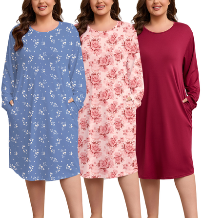 FEREMO Women Plus Size Nightgowns Long Sleeve Crew Neck Sleep Shirts with Pockets, 3 Pack