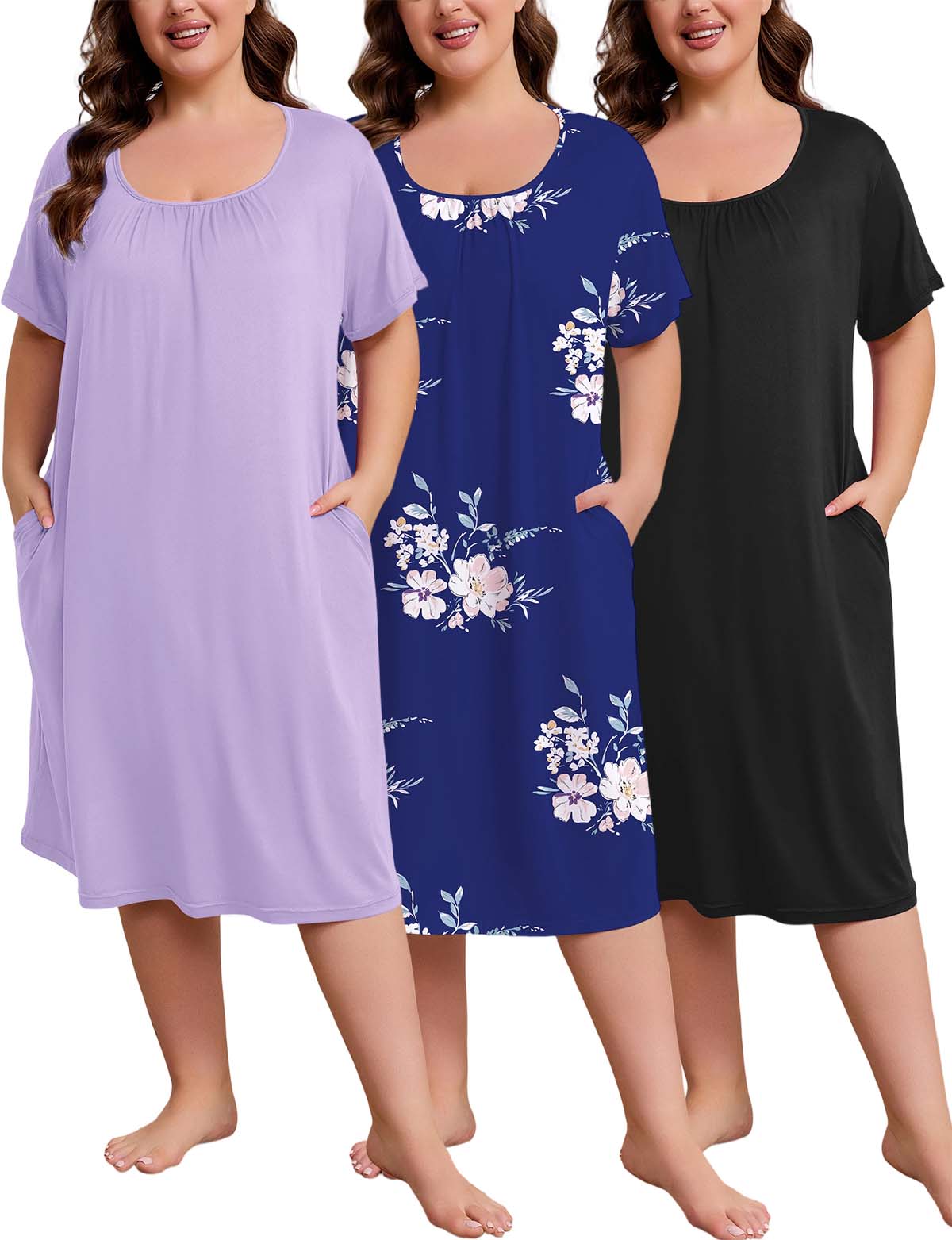 FEREMO Nightgowns for Women Plus Size Pleated Sleepwear with Pockets 3 Pack