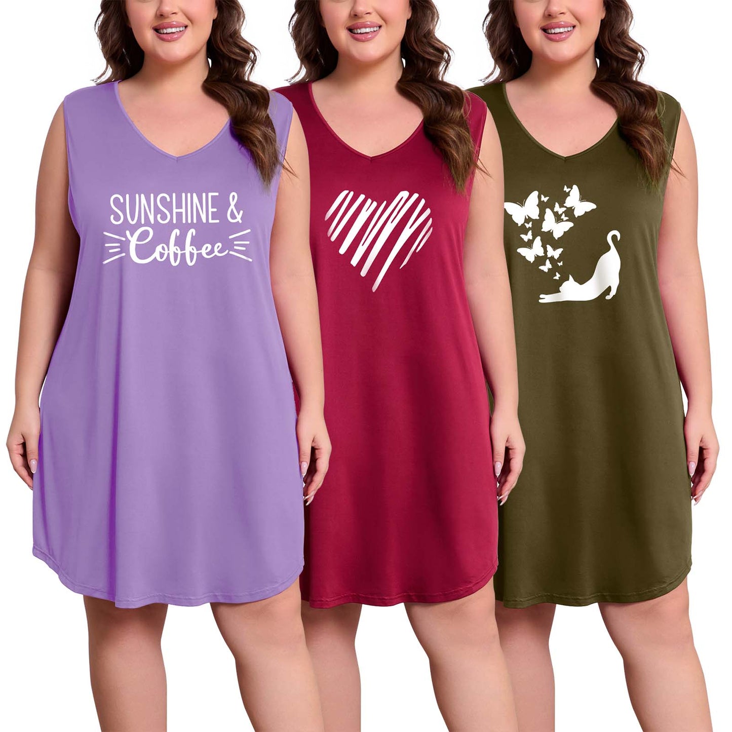 3 Pack Nightgowns for Women Plus Size Sleeveless Print Nightshirts Crew Neck Sleepshirt Soft Sleepwear 1X-5X