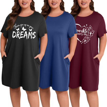 Plus Size Nightgowns for Women Short Sleeve Knee Length Sleepwear with Pockets