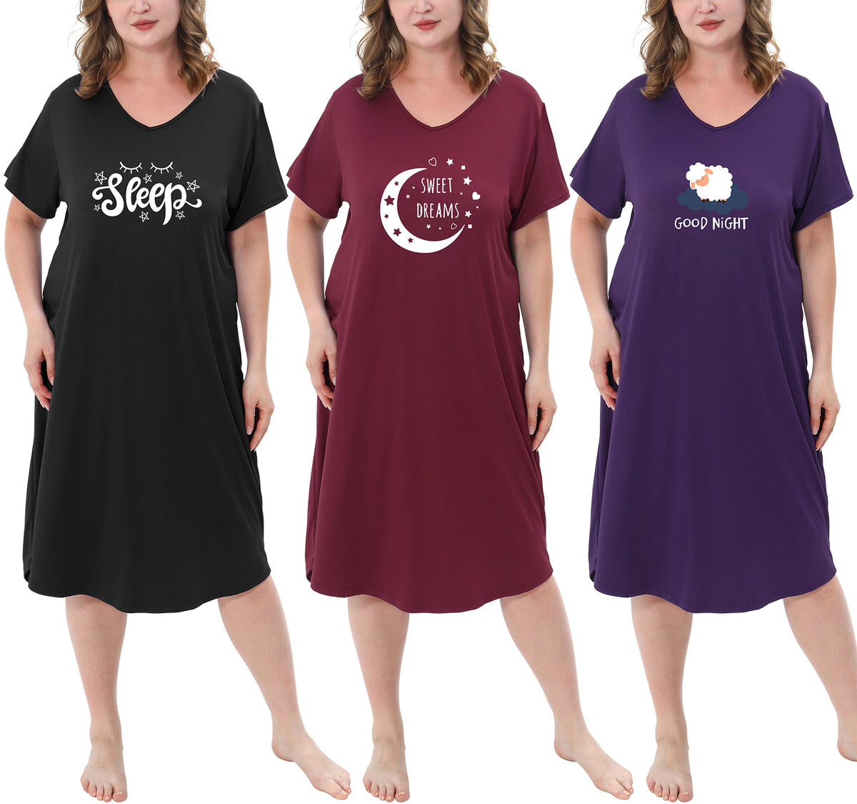 3 Pack Nightgowns for Women Plus Size V Neck Sleepwear Loose Comfy Night Gown