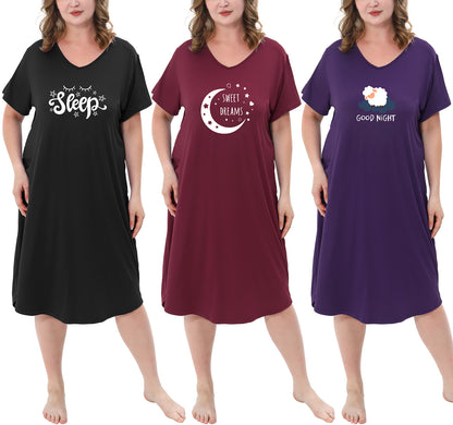 3 Pack Nightgowns for Women Plus Size V Neck Sleepwear Loose Comfy Night Gown