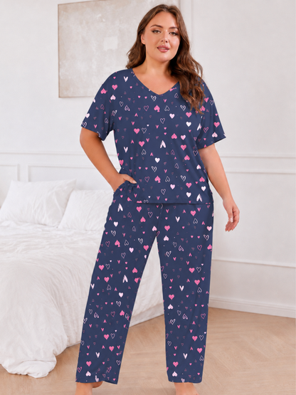FEREMO Women Plus Size Pajamas Set Short Sleeve V Neck Sleepwear, 2 Piece Pjs Sets with Pockets