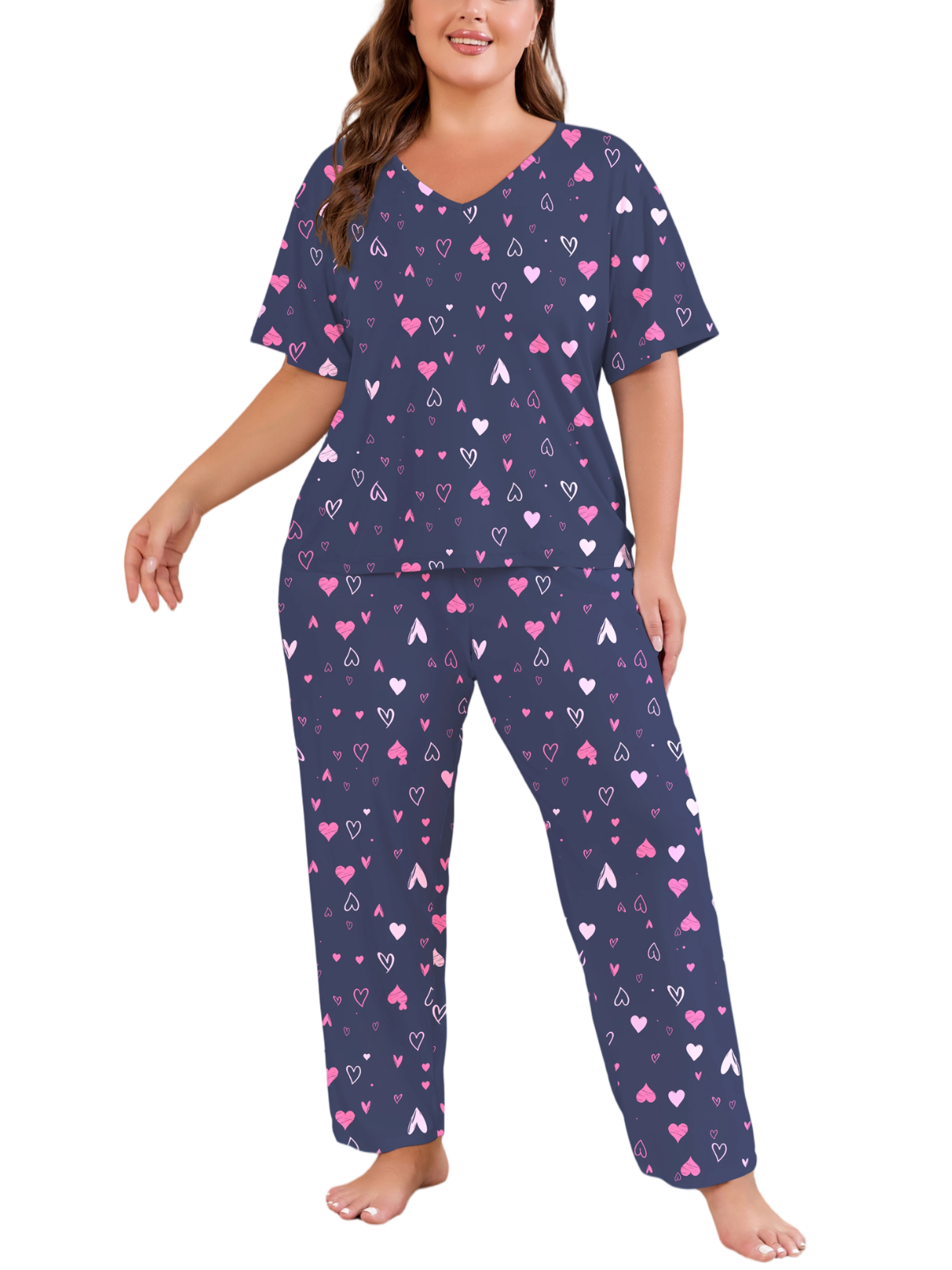 FEREMO Women Plus Size Pajamas Set Short Sleeve V Neck Sleepwear, 2 Piece Pjs Sets with Pockets